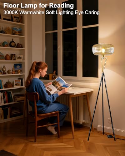 Lightdot Glass Tripod Floor Lamp for Living Room, Modern Gold&Black Standing Lamp with Ribbed Brown Glass Shade, Arc Tall Lamp for Bedroom/Reading Room/Sofa Beside/Corner Decor (Bulb Included) - color: 1 Brown Globe-Gold&Black