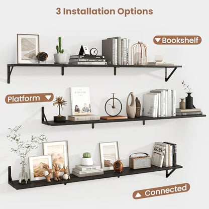 Axeman 55 Inch Floating Shelves, 8 Inch Deep Black Wall Shelves Set of 2 - color: Black, size: 55 Inch