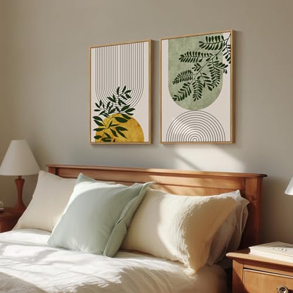 Framed Boho Neutral Botanical Canvas Wall Art for Living Room, 16x24 Inch - color: Green Yellow, size: 16" W x 24" H x 2Pcs