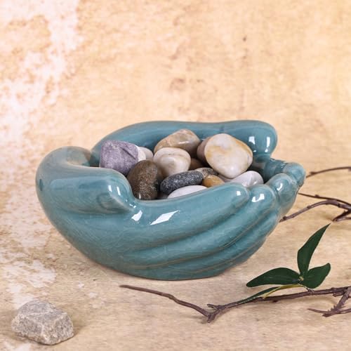 Ceramic Hands Bowl Dish Sculpture, Giving Hands Candy Holder for Succulent Planter, Crystal Rock Holder, Office, Keys Bowl for Entryway Table (Blue) - color: Blue