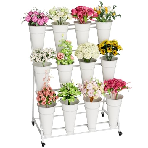 Flower Stand, 3 Tier Flower Display Stand with 12 Buckets, Upgrade Double Circle No Shaking, Outdoor Flower Cart with Wheels for Patio, Garden, Shop, Wedding, Party, Exhibition, Indoor, White - color: Pure white
