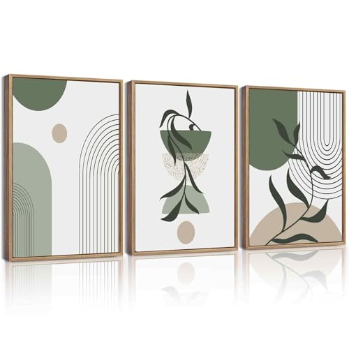 KUVIOKE Boho Wall Art Framed Botanical Modern Wall Printing Green Neutral Abstract Geometric Prints Bohemain Sage Decor for Farmhouse Living Dining Room 12x16in (Natural Framed) - color: Green Bohemain, size: 12 x 16in x 3 Panels Natural