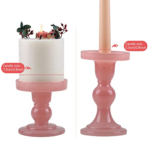 GMWD 3 Pcs Glass Candle Holder Set Clear, Pink Candlesticks Holders Pillar Taper Candles Tealight Stand for Wedding Centerpieces Home Decorations Dining Table - color: Pink