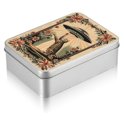 Small Metal Tin Box with Lid, Rectangular Silver Metal Storage Container, 4.92"×3.54"×1.57" Gift Decorative Empty Box, Celestial Cat - color: Celestial Cat, size: Small(4.92"×3.54"×1.57")
