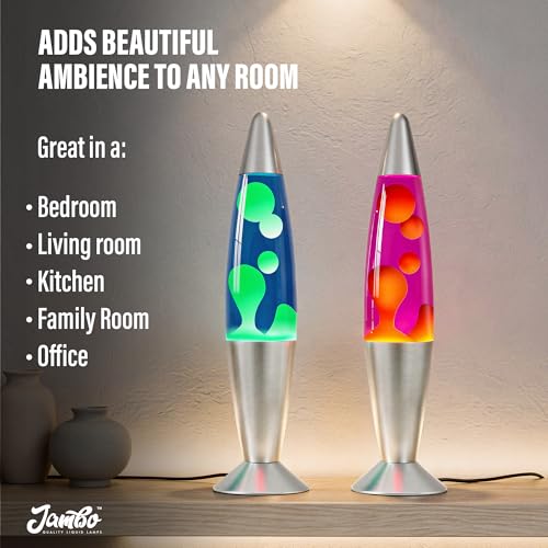 JAMBO 2 Pack- 16" Beautiful Lamp- Blue with Yellow/Green Wax and Purple with Yellow Wax, Relaxing Liquid Lamp, Night Light Nightlight, Lamps for Adults Teens Kid - color: Silver Base, Blue Liquid, Yellow Wax AND Silver Base, Purple Liquid, Yellow Wax