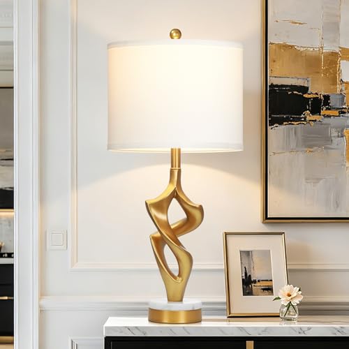Ruzectt 29" Tall Gold Table Lamp for Living Room, 3 Color Temperatures Bedside Lamp for Bedroom Nightstand, Modern Sculptural Resin Lamp with Marble and Metal Base (1 LED Bulb Included) - color: White & Gold (1 Pack)