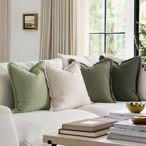MIULEE Fall Linen Fringe Pillow Covers Set of 4 20x20 Beige/Sage Green - color: Sage Green, size: 20" x 20" (Pack of 4)