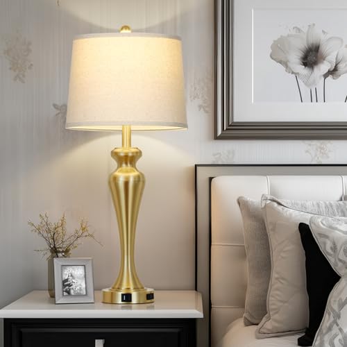 CINSARY 30" Tall Gold Table Lamps Set of 2 for Living Room, Touch Control Bedside Lamps for Nightstand, 3-Way Dimmable Bedroom Lamp with USB A+C Ports and AC Outlet, Metal Brass Table Lamp - color: Gold (2 Pack)