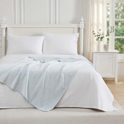 Laura Ashley - Reversible Throw Blanket for Couch 50x70, Soft Blanket - color: Oxford Stripe Blue