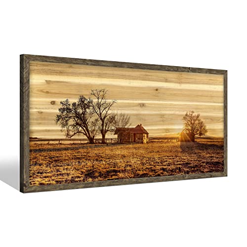 Bedroom Framed Wall Art Picture: Farmhouse Country Barn Wooden Painting Living Room Horizontal Nature Landscape Sunset View Print Long Panoramic Rustic Farm Cabin Sunrise Scene Artwork for Home - color: Farm 04, size: 24"L x 12"W