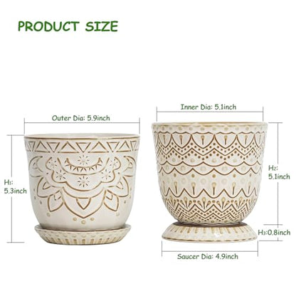 Gepege Ceramic Plant Pots, 6 Inch Indoor Planters with Drainage & Saucers - color: White-c, size: 6 Inch - Set of 2