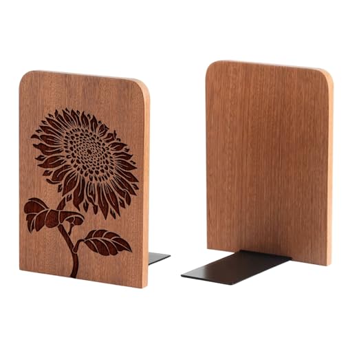 INNObeta Decorative Wooden Book Ends, Natural Bookends, Heavy Duty Bookends for Shelves Unique Design(1 Pair, 4.72x6.69 Inches) - Sunflower - color: Sunflower