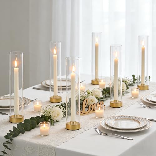 Hurricane Candle Holders Golden Taper Candle Sticks Holder, with 11" Thickened Glass Cylinder Covers Tall Candlesticks Holders Bulk Set of 10, Dining Table Centerpiece for Wedding - color: Clear