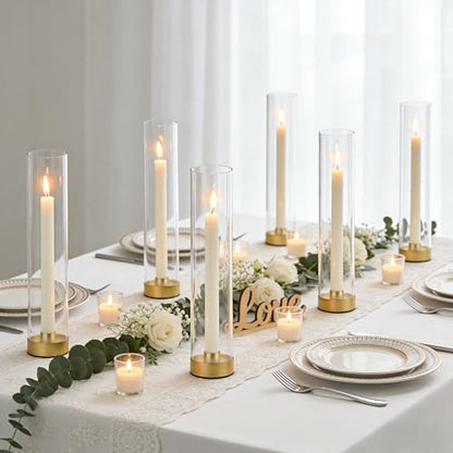 Hurricane Candle Holders Golden Taper Candle Sticks Holder, with 11" Thickened Glass Cylinder Covers Tall Candlesticks Holders Bulk Set of 10, Dining Table Centerpiece for Wedding - color: Clear