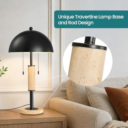 Black Bedside Table Lamp Set 2 Mid Century Modern Tavertine Nightstand Lamp - color: Black