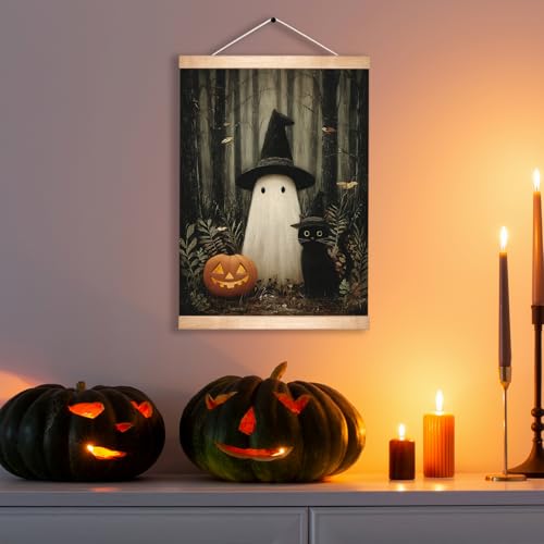 Rustic Halloween Ghost and Black Cat with Pumpkin Wall Art 18.5x14 Inch,Halloween Linen Canvas Wall Hanging Poster Decor, Retro Gothic Haunted House Theme Wall Poster for Living Room (BLK03) - color: BLK03