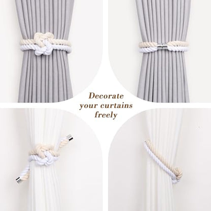 NICEEC Cotton Rope Magnetic Curtain Tiebacks, 2 Pack, Beige & White - color: Beige & White, size: 2 Pack