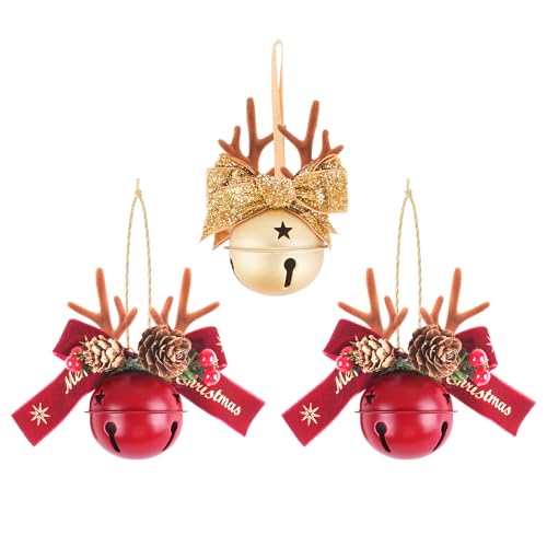 Christmas Metal Bells Flocked Antler Pinecone Berry Decorations Star-Cutout Vintage Jingle Bells Suitable for Christmas Trees, Wreaths, Home DIY Holiday Decorations - Gold ×1 - Red ×2