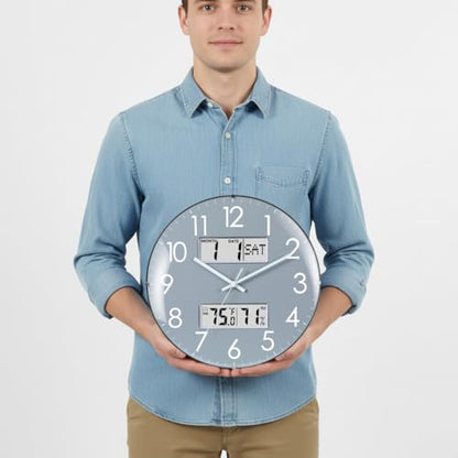 Nbdeal 13-Inch Analog Silent Wall Clock with Calendar Temperature & Humidity (Grey) - color: Gray