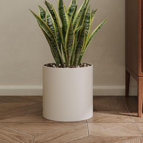 7 Inch Beige Metal Plant Pot with Drainage Hole, Indoor Outdoor - color: Beige