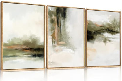 KAIRNE Green Brown Abstract Neutral Framed Canvas Wall Art Set-16"x24"x3 - color: Green Abstract Wall Art, size: 16"L x 24"W