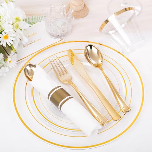 WELLIFE 350PCS Clear-Gold Plastic Plates - 100 Disposable Plates, 150Plastic Silverware, 50 Cups, 50 Napkins for Wedding & Party - color: Clear and Gold, style: 350PCS（50 Guests）