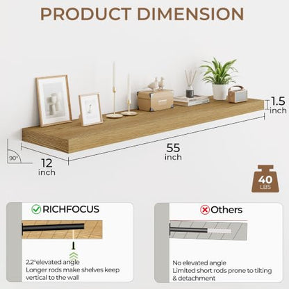 RICHFOCUS Long Floating Shelves for Wall 2Pack|Oak|55" Lx12 D - color: Oak, size: 55"L x 11.6"D, Set of 2