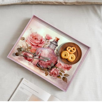 Serving Tray with Handles, 15.7 * 11.8 inches, Plastic Ottoman Tray with Exquisite Paintings, Trays for Coffee Table - color: Pink Vase