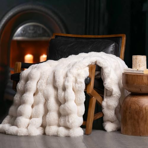 EverGrace Faux Rabbit Fur Bubble Throw Blanket, 50"x60", Ivory White - color: Ivory White, size: 50"x60"