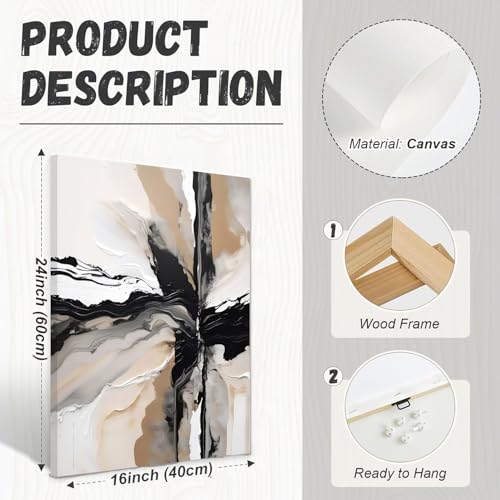 LYPHNX Framed Black and Brown Abstract Geometric Canvas Wall Art Modern Grey White Beige Print Poster Set of 3 Painting Terracotta Brush Strokes Picture Home Decor for Bathroom Bedroom Office 16"x24" - color: Abstract Black Beige, size: 16"x24" Canvas