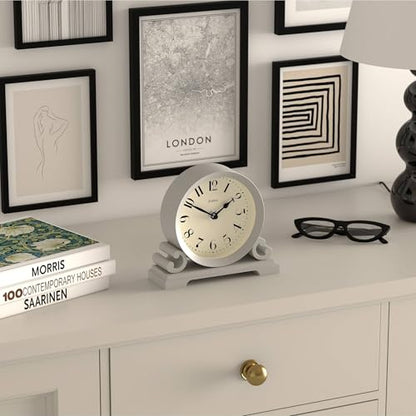 JONES CLOCKS® Saloon Mantel Clock | Small Traditional Double Scroll Design | Gray | Contemporary Classic Style for Desk, Table, Shelf or Bedside - color: Cloud Grey