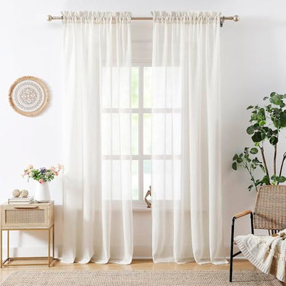 Natural White Flax Linen Sheer Curtains for Living Room Bedroom 52"x63" 2pk - color: Off White ( Flax Linen Blend- Oatmeal Shade ), size: 52"W x 63"L (Pack of 2)