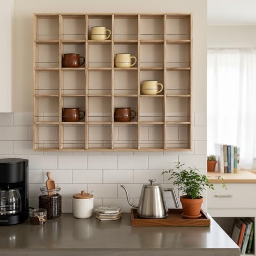 Kigley Oversize Coffee Mug Display Rack Wooden Shelves Rustic Shot Glass Display Case Travel Mug Shelf Wall Mounted Rack Holder Shadow Box(5 x 6,Brown) - color: Brown, style: 5 x 6