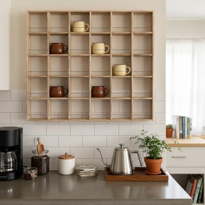 Kigley Oversize Coffee Mug Display Rack Wooden Shelves Rustic Shot Glass Display Case Travel Mug Shelf Wall Mounted Rack Holder Shadow Box(5 x 6,Brown) - color: Brown, style: 5 x 6