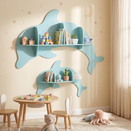 GLACER Floating Shelves for Wall, 2 Pack Kids Corner Bookshelf (Dolphin) - size: 38" x 6" x 27"