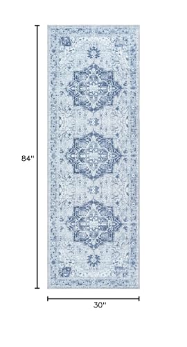 Bloom Rugs Washable Non-Slip 7 ft Runner - Gray/Blue Traditional Medallion Runner for Entryway, Hallway, Bathroom, and Kitchen - Exact Size: 2.5' x 7' - color: Gray / Blue, size: 2'6" x 7' (Runner)