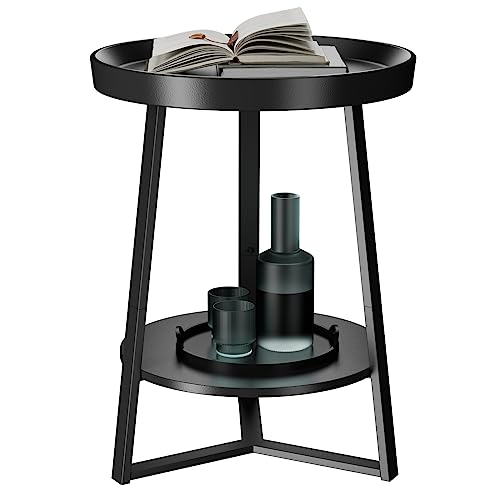 Gadroad Round End Table with Storage Shelf, Black - color: Black, size: 15.7"D x 15.7"W x 23"H (no Charging Station)