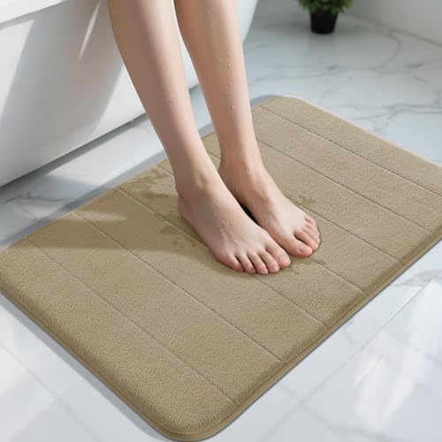 Yimobra Memory Foam Bath Mat, Super Soft Absorbent Bathroom Rug Non Slip 31.5x20 Inch, Quick Dry, Machine Washable Floor Carpet for Tub Shower, Home Decor Accessories, Light Tan - color: Light Tan, size: 31.5" X 20"