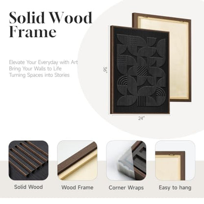 Framed 3D Wood Black Abstract Textured Wall Decor Living Room, 24x36 Inch - color: Black