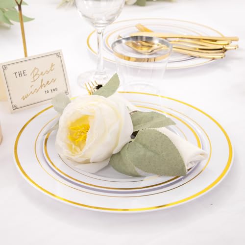 WELLIFE 210 Piece Gold Plastic Dinnerware Set, Include: 30 Dinner Plates, 30 Dessert Plates, 30 Pre Rolled Napkins with Silverware and 30 Cups - color: Gold, style: 210PCS（30 Guests）