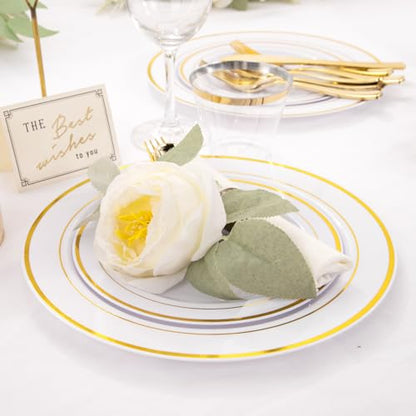 WELLIFE 210 Piece Gold Plastic Dinnerware Set, Include: 30 Dinner Plates, 30 Dessert Plates, 30 Pre Rolled Napkins with Silverware and 30 Cups - color: Gold, style: 210PCS（30 Guests）