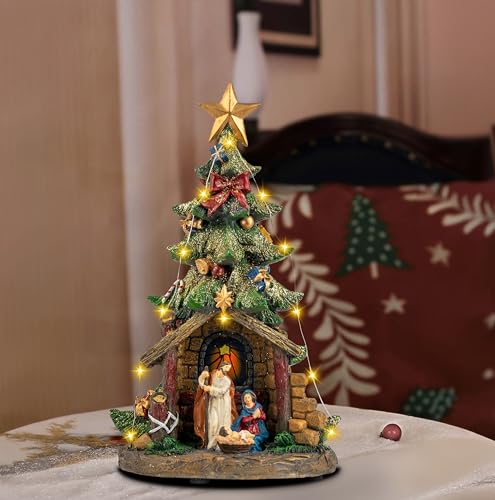 Qualdout Christmas Tree Nativity Scene with Figurines LED Light, Christmas Holy Family Nativity Scene for Xmas Decor Gift, Tabletop Decorative Christmas Ornaments
