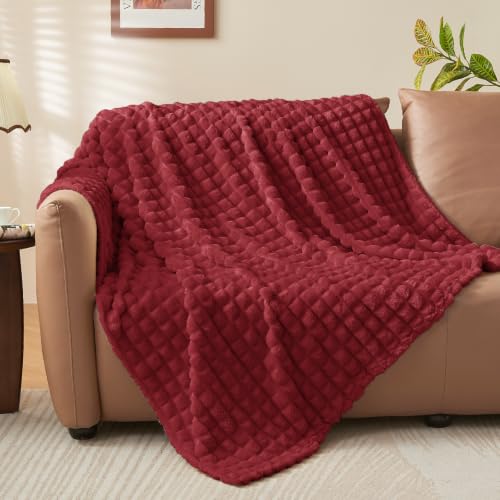 BEDELITE 3D Checked Burgundy Fleece Throw Blanket for Couch, 50x60 Inches - color: Burgundy, size: Throw(50"x60")