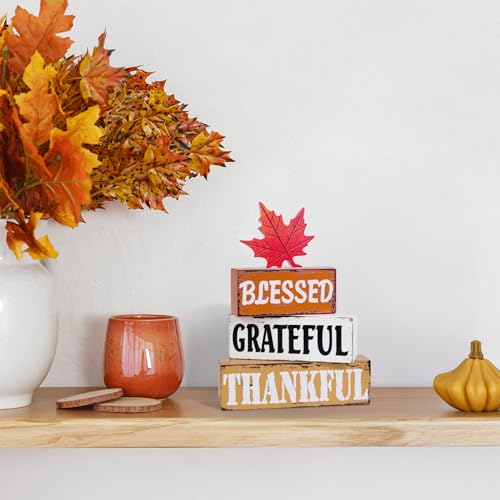 OLANRUN Thanksgiving Fall Decorations for Home, 4 PCS Wooden Fall Table Decor with Letter, Handmade Crafts Autumn Thanksgiving Decor Indoor for Office Farmhouse Home Bedroom Kitchen Mantel Tiered Tray - style: FALL - Maple Leaves