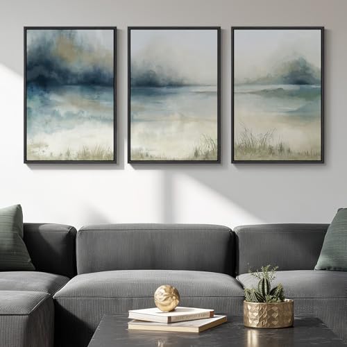 Framed Watercolor Abstract Landscape Wall Art, 3 Piece Set, Each 16x24 In - color: Misty Lake, size: 16" W x 24" H x 3pcs