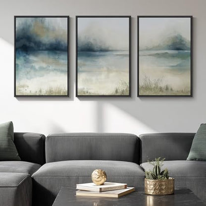 Framed Watercolor Abstract Landscape Wall Art, 3 Piece Set, Each 16x24 In - color: Misty Lake, size: 16" W x 24" H x 3pcs