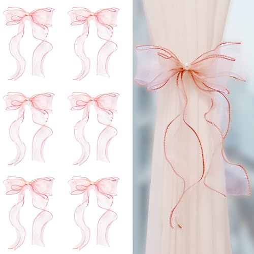 White Lace Bow Curtain Tiebacks 6-Pack, Vine Floral Curtain Holdbacks - color: Pink
