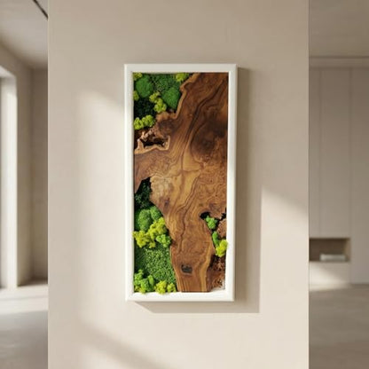 White Framed Moss Wall Art, Vertical Cedar Wood & Preserved Greenery Modern Natural Wall Decor for Living Room, Office & Home, Zero Maintenance Handcrafted Gift 60" x 24" - size: 60"L x 24"W