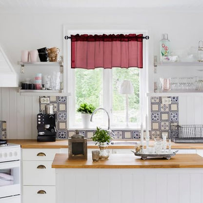 DWCN Sheer Curtain Valance - Faux Linen Window Curtain for Bathroom & Kitchen Windows - Rod Pocket Semi Sheer Drapes, Burgundy, 1 Panel, 42W x 18L Inch - color: Burgundy, size: 42"W x 18"L (Pack of 1)