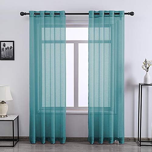 DONREN Teal Sheer Curtains 72 Inch Grommet 2 Pieces Faux Linen Voile Drapes Window Semi Sheer Curtains for Living Room Bedroom, 52 W x 72 L Inch Length - color: Teal, size: 52"W x 72"L (Pack of 2)